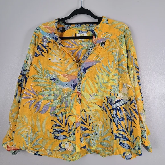 Anthropologie Maeve Yellow Tropical Cotton Lightweight Beach Vacation Buttonup - Picture 2 of 12